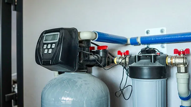 A whole-home treatment system installed at the point of entry, with a control valve, bypass fittings and a sediment filter housing plumbed into the supply line.